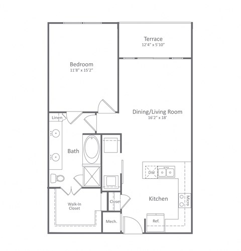 Floor plan for 1 bed, 1 bath, 832 sqft